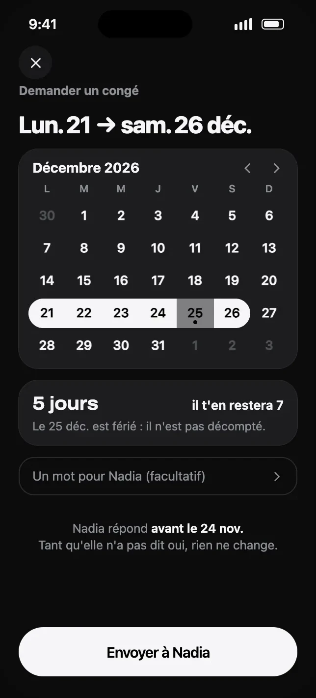 Écran Demander un congé : un calendrier et le nombre de jours.