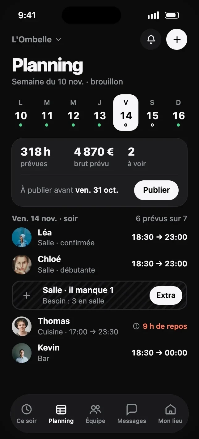 Écran Planning sur téléphone.