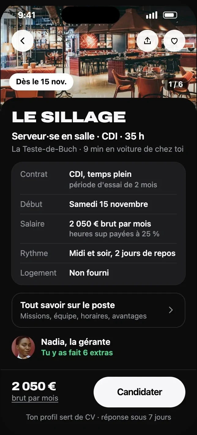Écran d'une offre de job : Le Sillage, serveur en salle, CDI.
